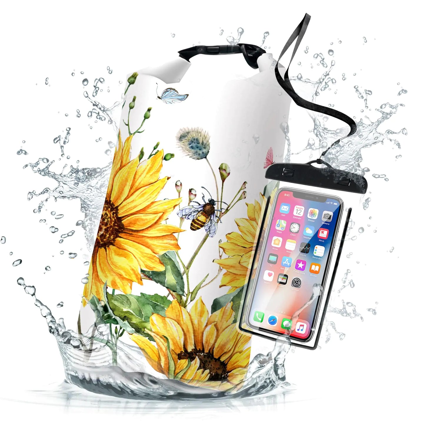 Cliduli Waterproof Dry BagRoll Top Summer Sunflowers Waterproof Backpack 5L/10L/20L Floating and Lightweight Bags for Kayaking Boating Fishing Swimming and Camping with Waterproof Phone Case
